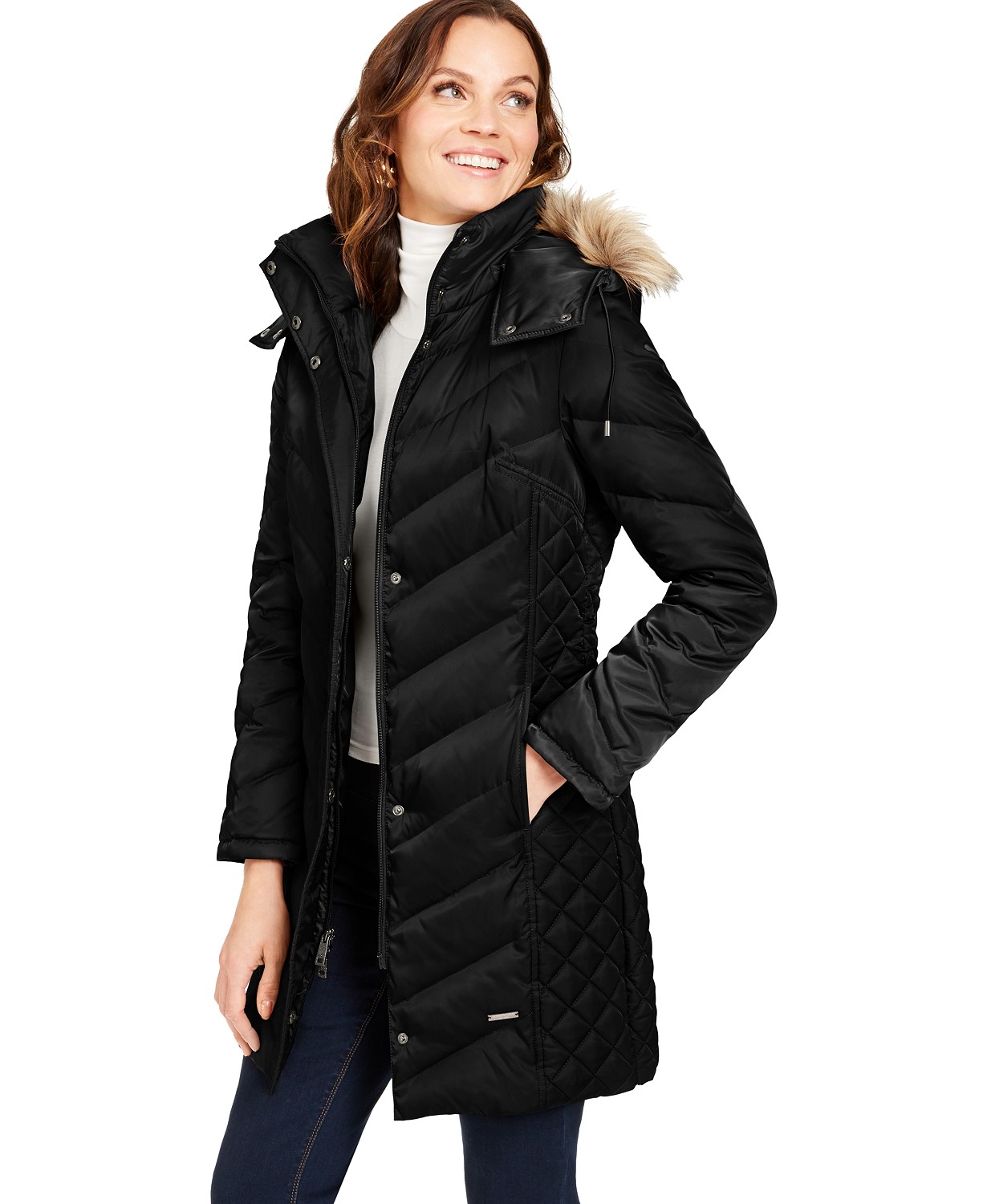 Kenneth Cole New York Women's Quilted Puffer Jacket with Faux Fur Trimmed Hood 