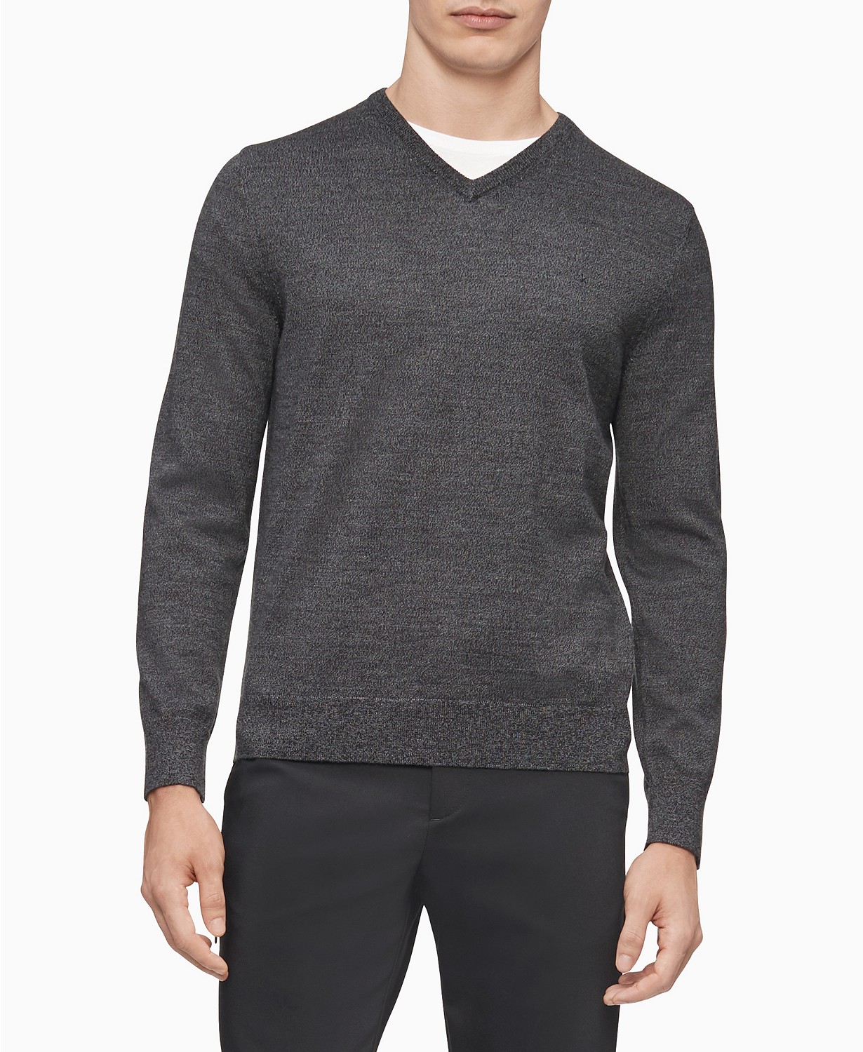 Calvin Klein Men's Grey 100% Merino Wool V-Neck Logo Sweater - COUTUREPOINT
