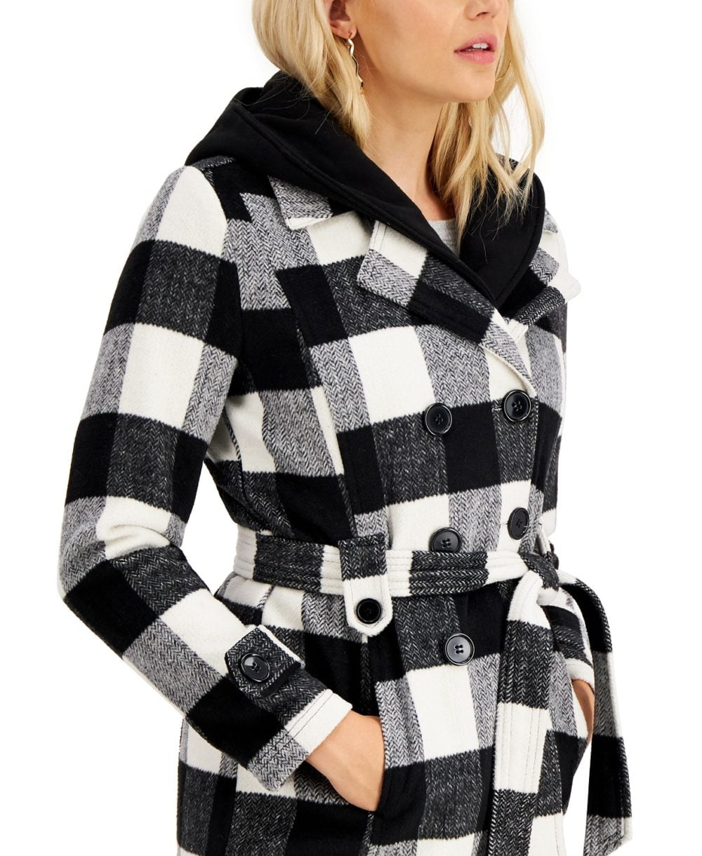 www.couturepoint.com-jou-jou-womens-black-plaid-trendy-hooded-double-breasted-belted-coat