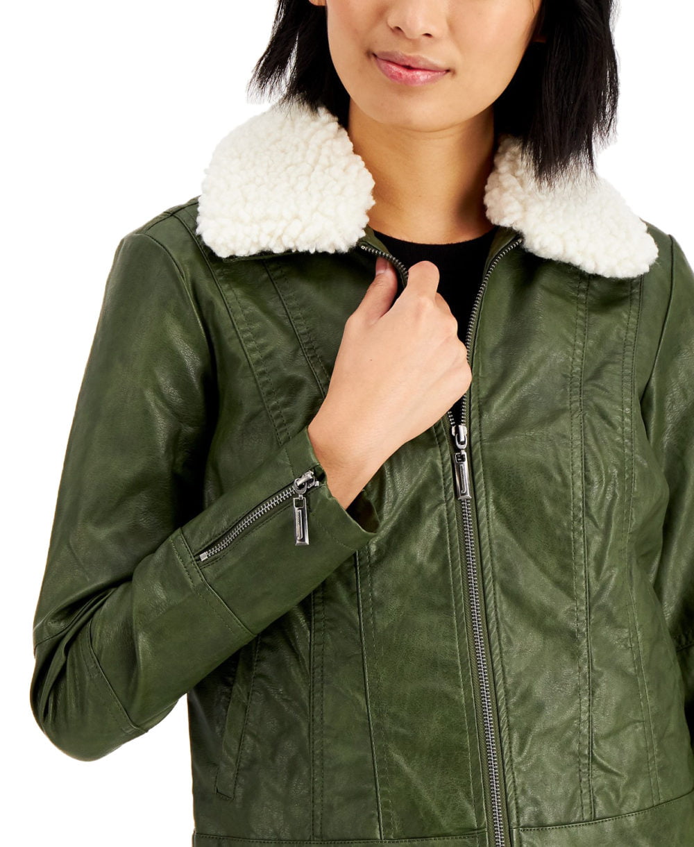 www.couturepoint.com-jou-jou-womens-green-faux-leather-faux-fur-collar-jacket