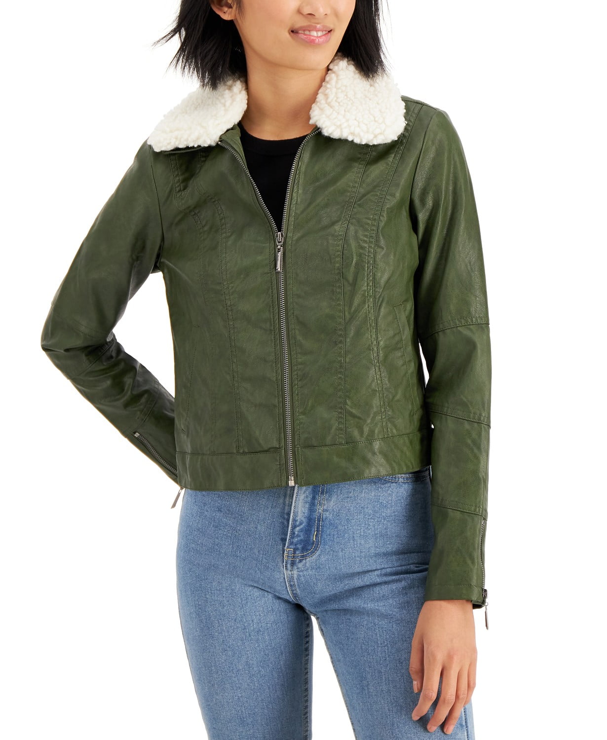 www.couturepoint.com-jou-jou-womens-green-faux-leather-faux-fur-collar-jacket