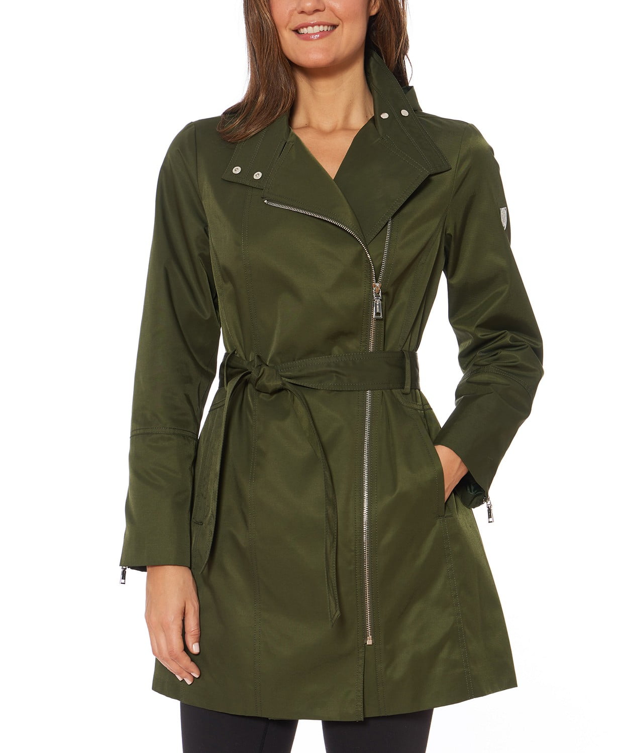 www.couturepoint.com-vince-camuto-womens-green-hooded-water-resistant-belted-raincoat