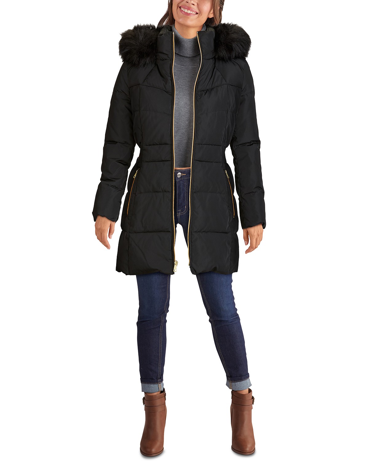 www.couturepoint.com-cole-haan-womens-black-faux-fur-trim-hooded-down-puffer-coat