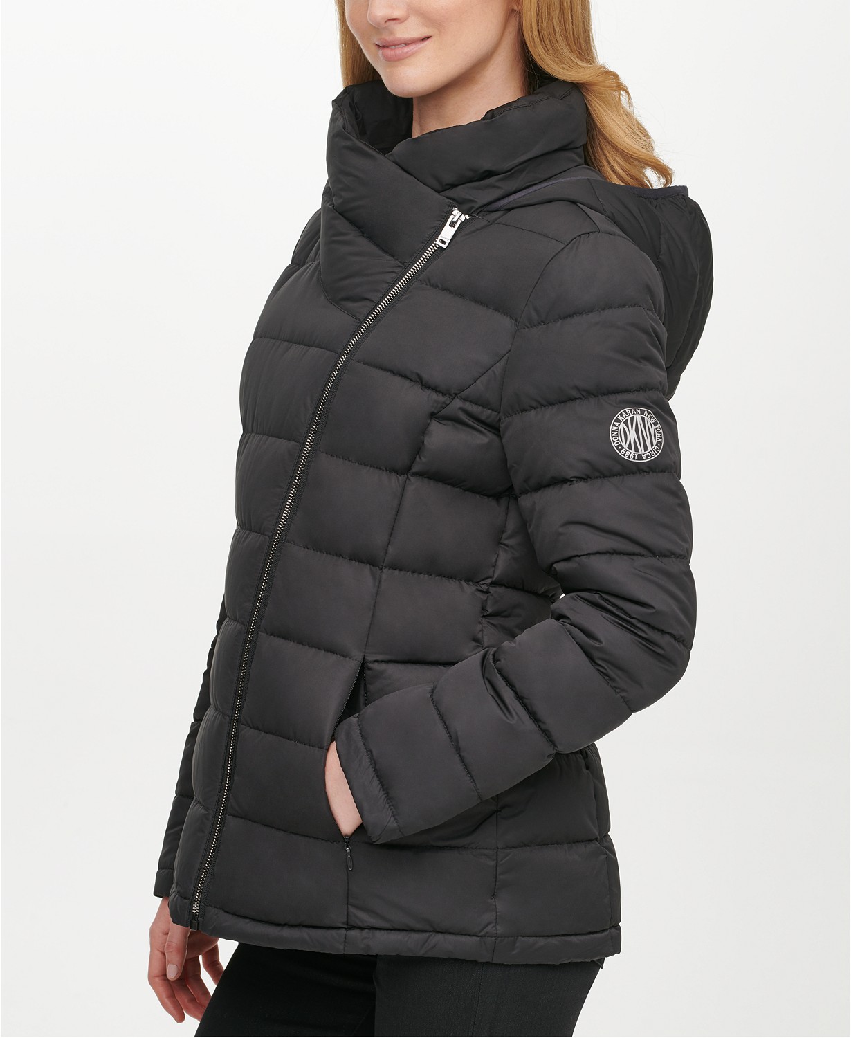 www.couturepoint.com-dkny-womens-black-asymmetrical-hooded-packable-down-puffer-coat